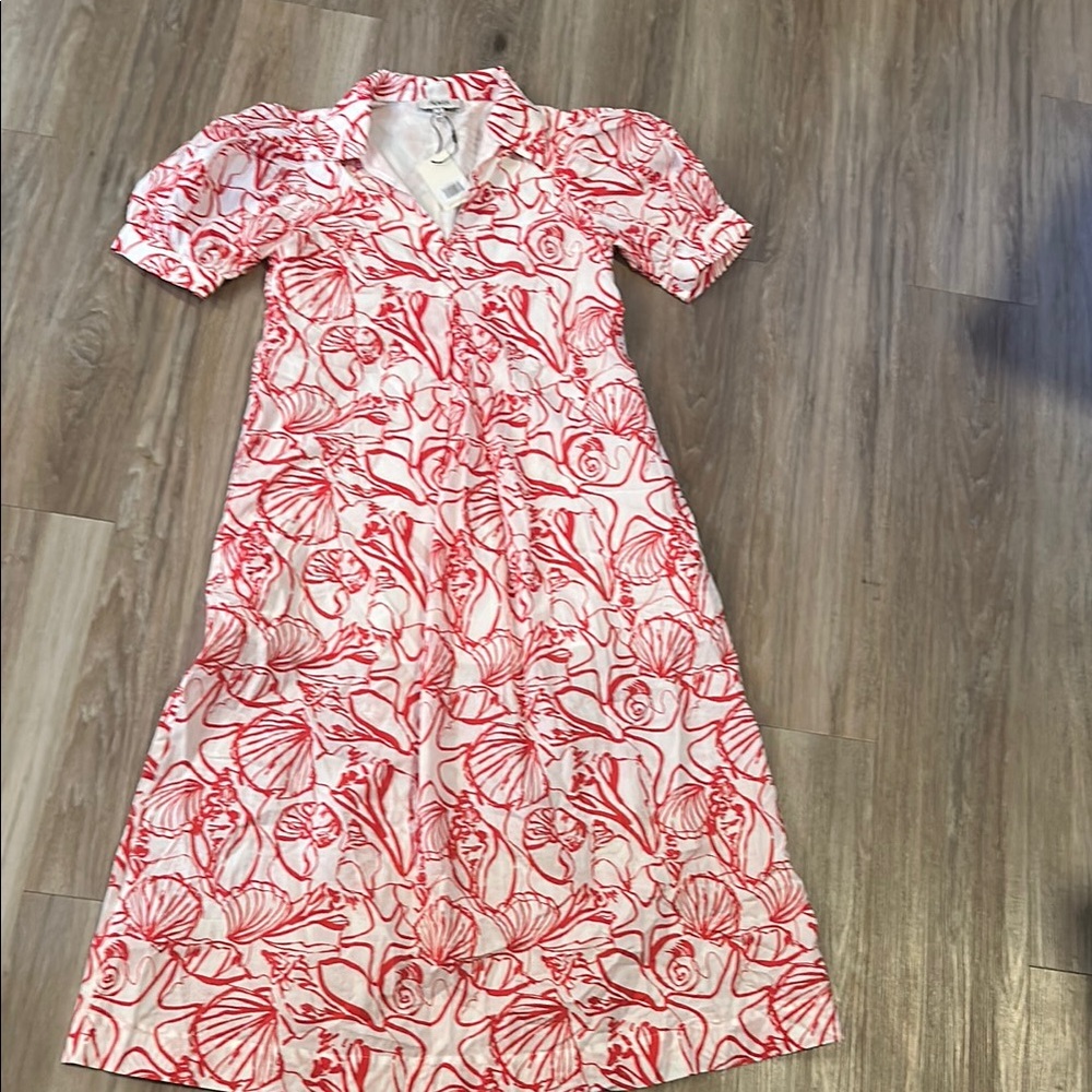 Red and White Buttoned Maxi Sundress with Puff Sleeves